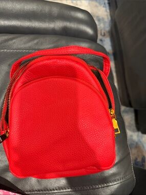 Women Red Faux Leather Backpack/Crossbody Bag with Gold Hardware